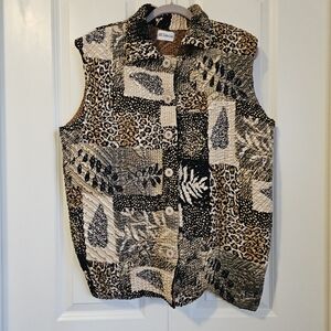 Women's Leopard Print Vest Sz L-XL Lightweight Stretch Crinkled Button Up